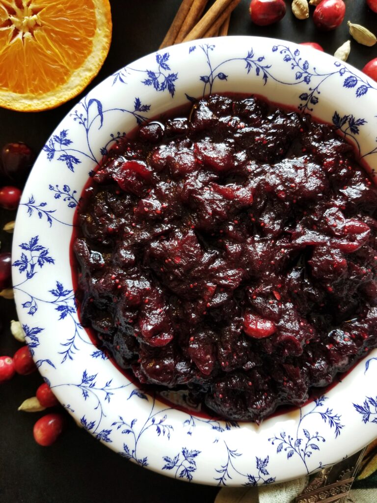 orange cranberry sauce in a decorative bowl