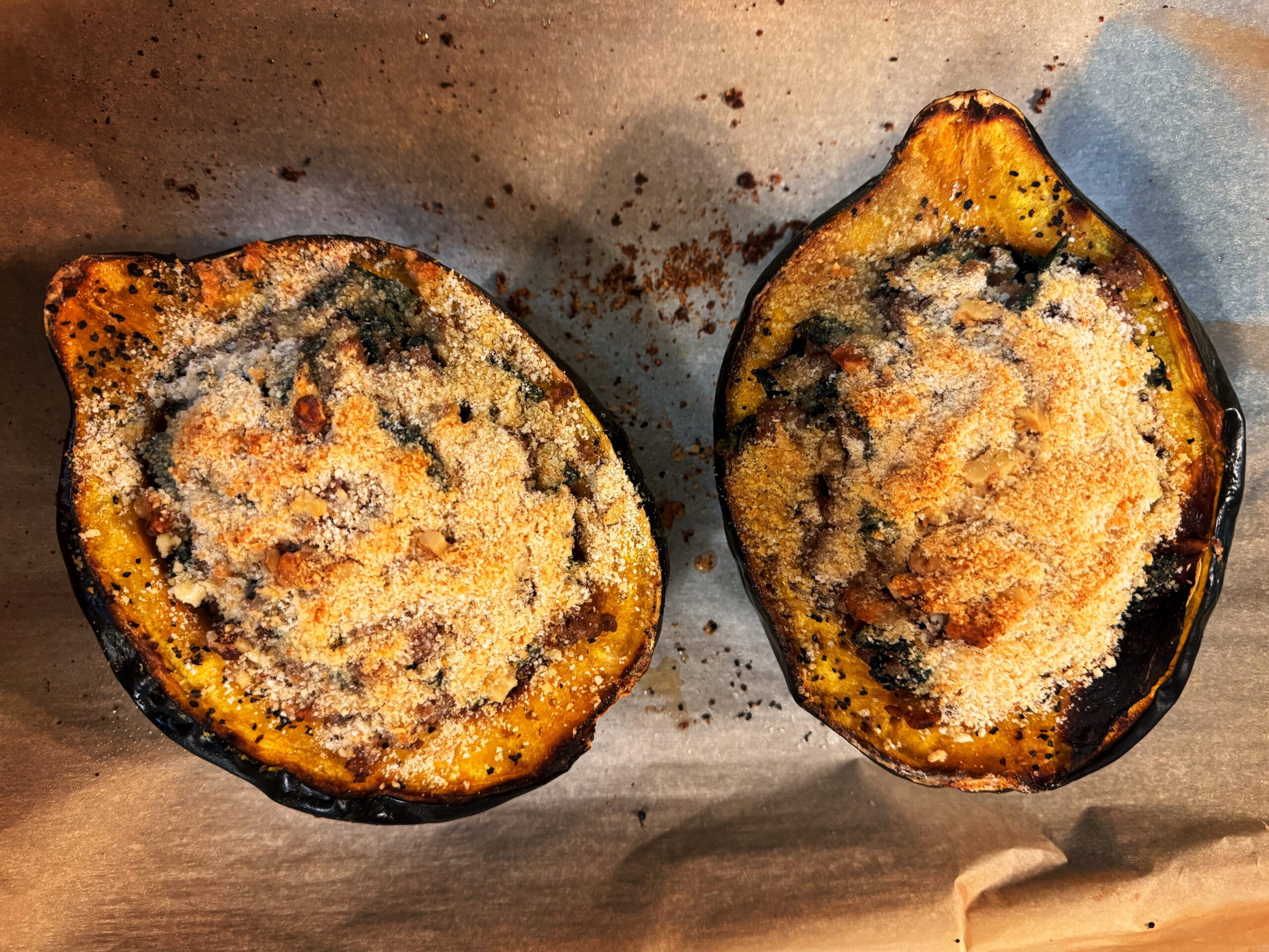 recipe for acorn squash stuffed with sausage, kale, and walnuts